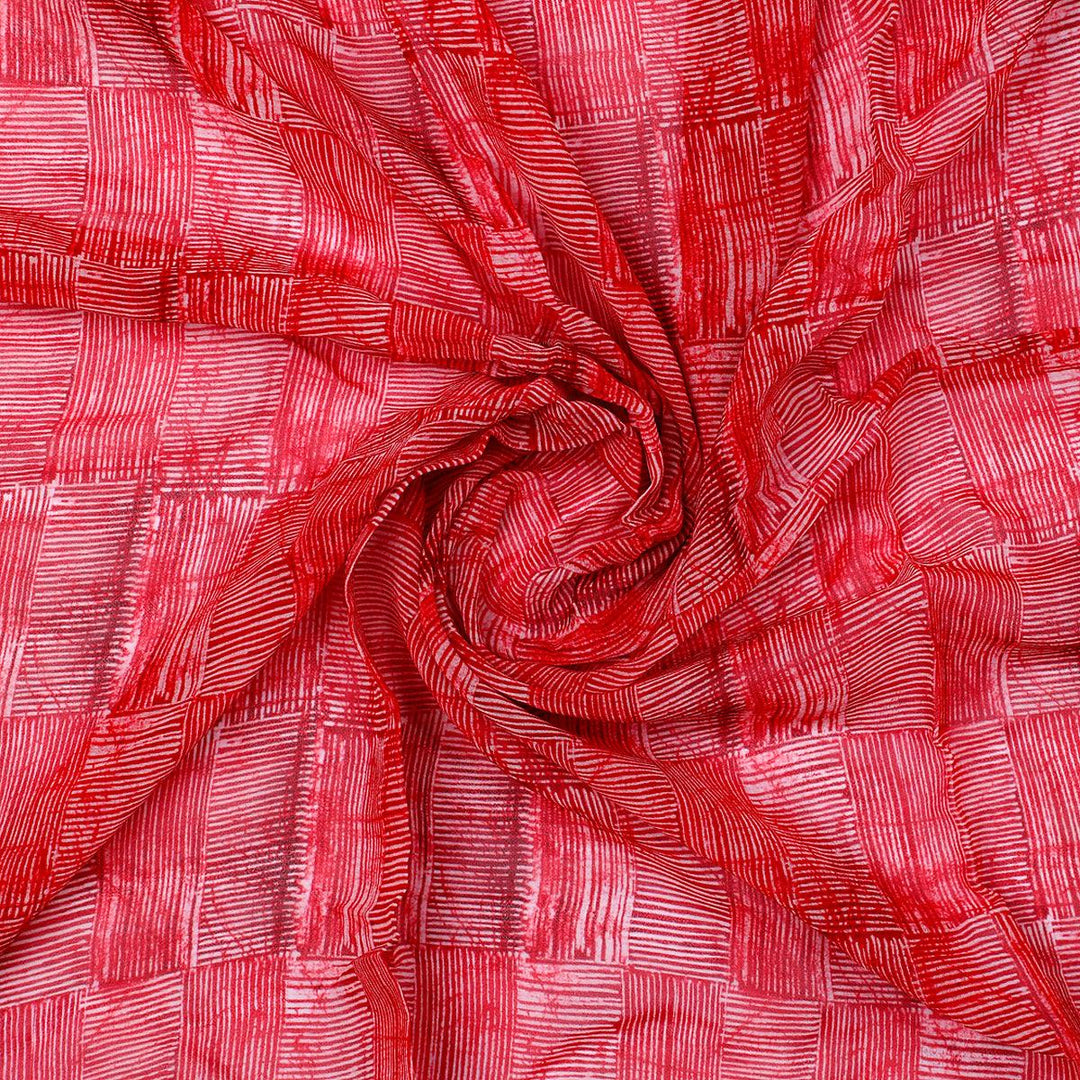 Checkes Textured Red And White Digital Printed Fabric - Pure Georgette - FAB VOGUE Studio®