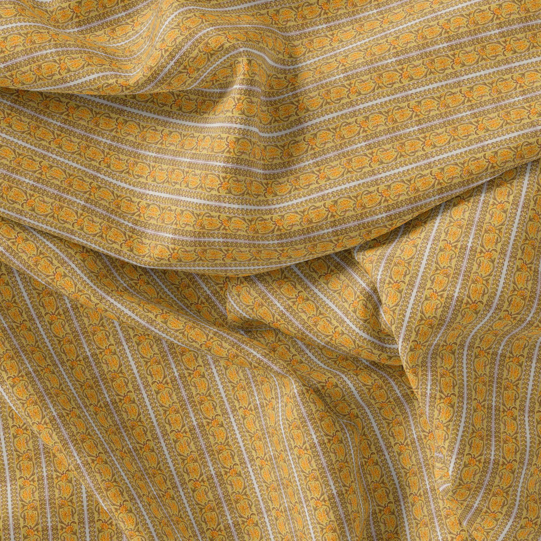 Decorative Yellow Strips Leaves Digital Printed Fabric - Pure Georgette - FAB VOGUE Studio®
