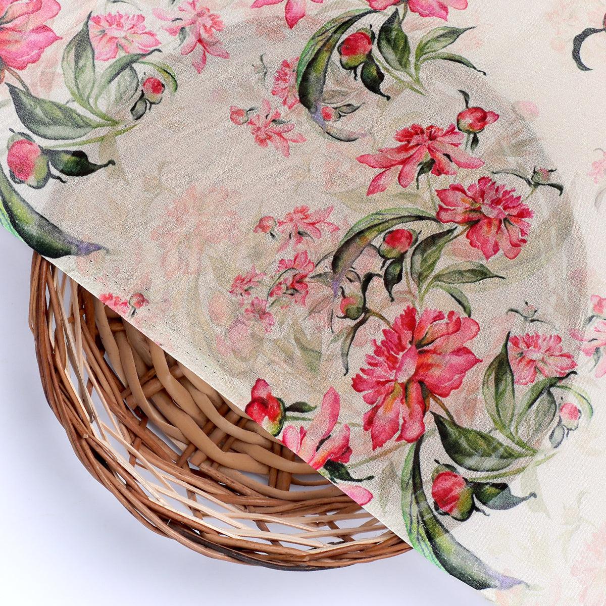 Beautifull Pink Calendula Flower Digital Printed Fabric - Pure Georgette - FAB VOGUE Studio®