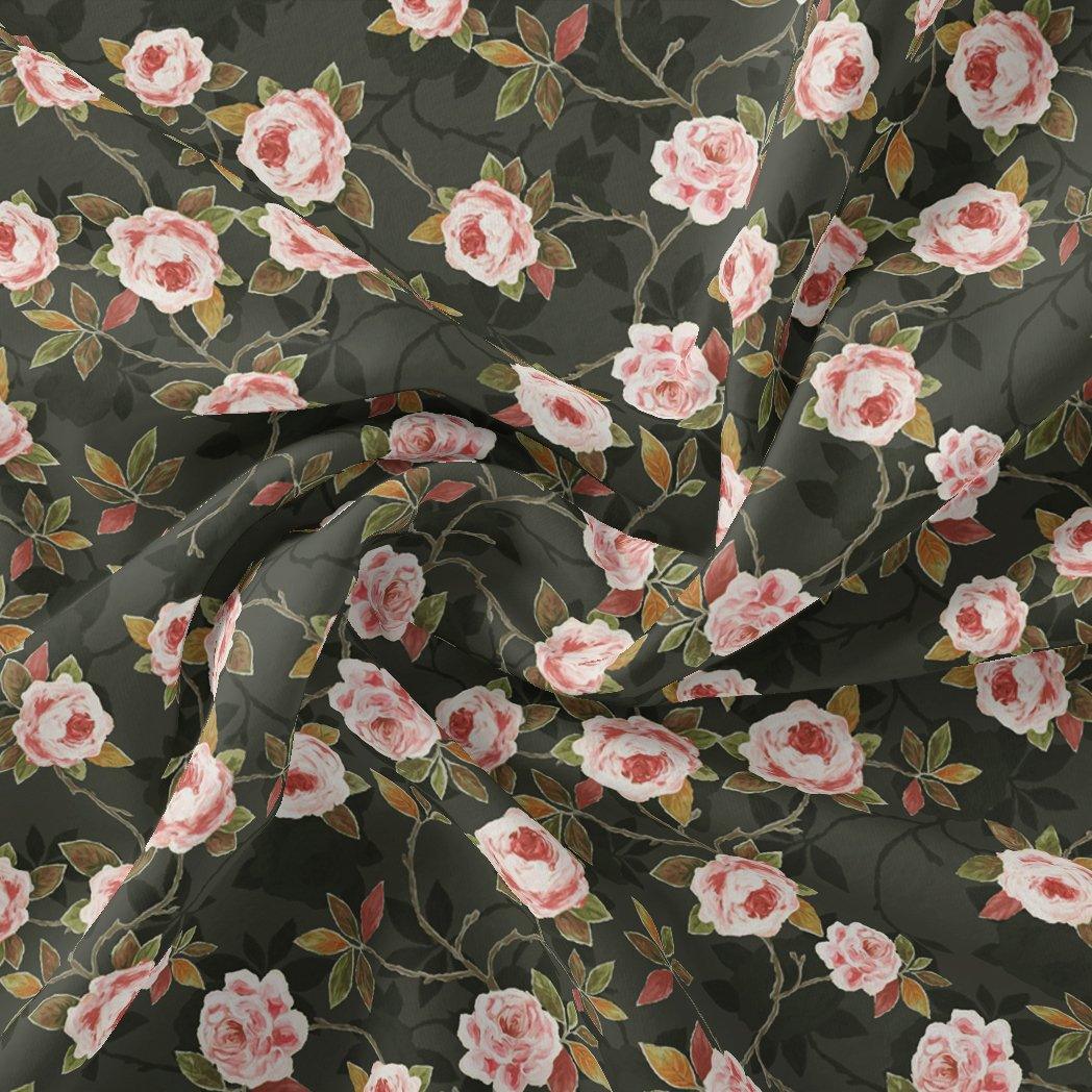 Ditsy Pink Rose With Green Leaves Digital Printed Fabric - Pure Georgette - FAB VOGUE Studio®
