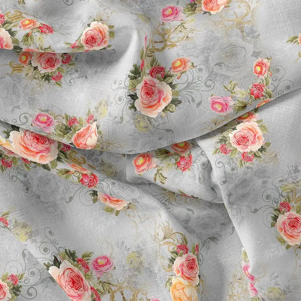 Bright Vintage Pink With Orange Rose Digital Printed Fabric - Pure Georgette – pg 0 ta 06446 110 bright vintage pink with orange rose digital printed fabric pure georgette 3