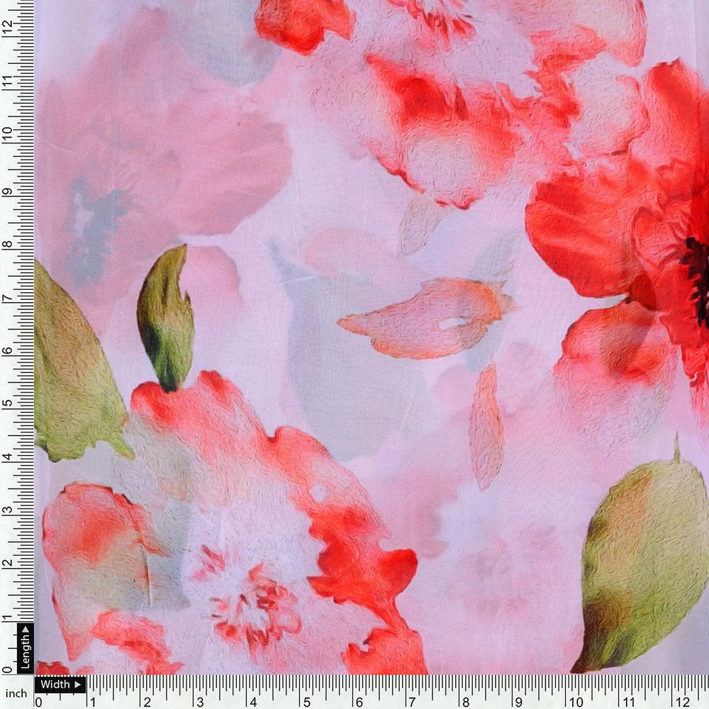 Red Flower Repeat Digital Printed Fabric - Pure Georgette - FAB VOGUE Studio®