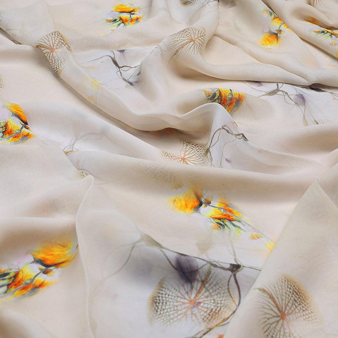 Yellow Leaves Printed Pure Georgette Fabric - FAB VOGUE Studio®