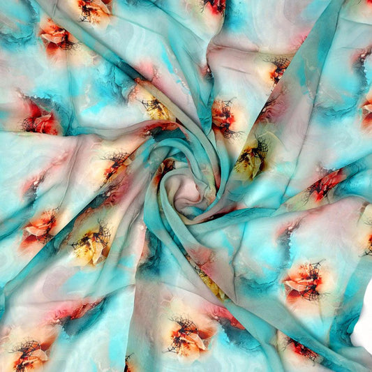 Skyblue Watercolor Pure Georgette Printed Fabric - FAB VOGUE Studio®