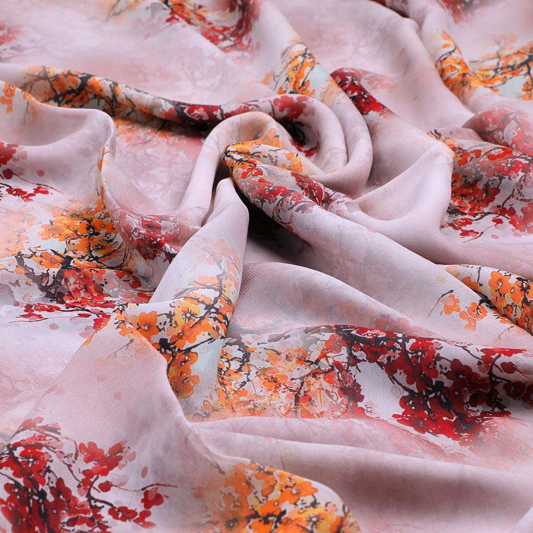 Misty Rose Leaves Printed Pure Georgette Fabric - FAB VOGUE Studio®