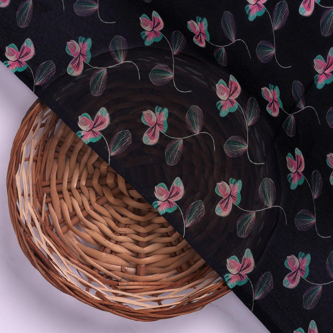 Flowers Floating over Blue Base Digital Printed Fabric - FAB VOGUE Studio®