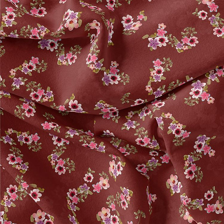 Floating Flowers With Marron Red Digital Printed Fabric - Pure Georgette - FAB VOGUE Studio®