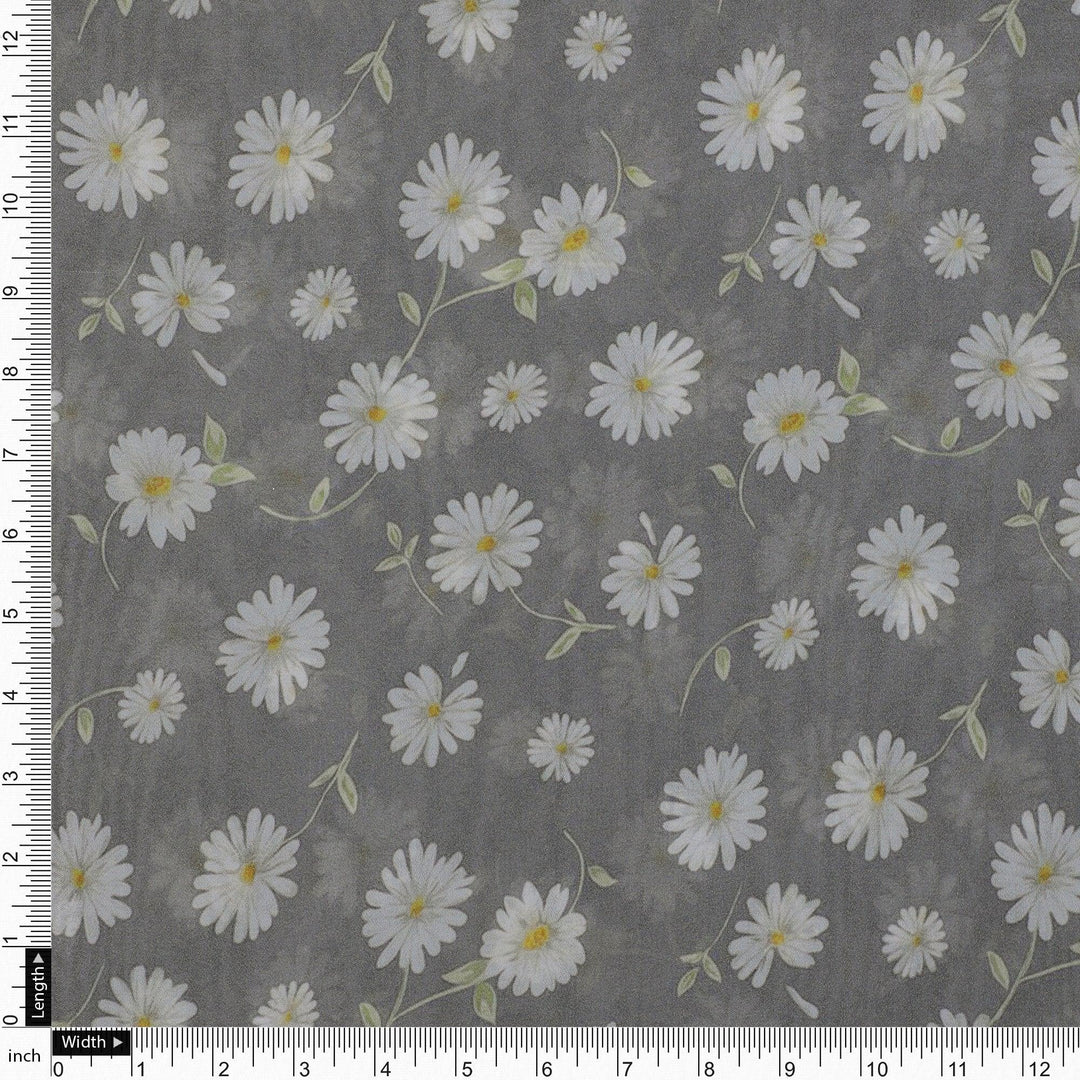 White Aster With Gray Background Digital Printed Fabric - Pure Georgette - FAB VOGUE Studio®
