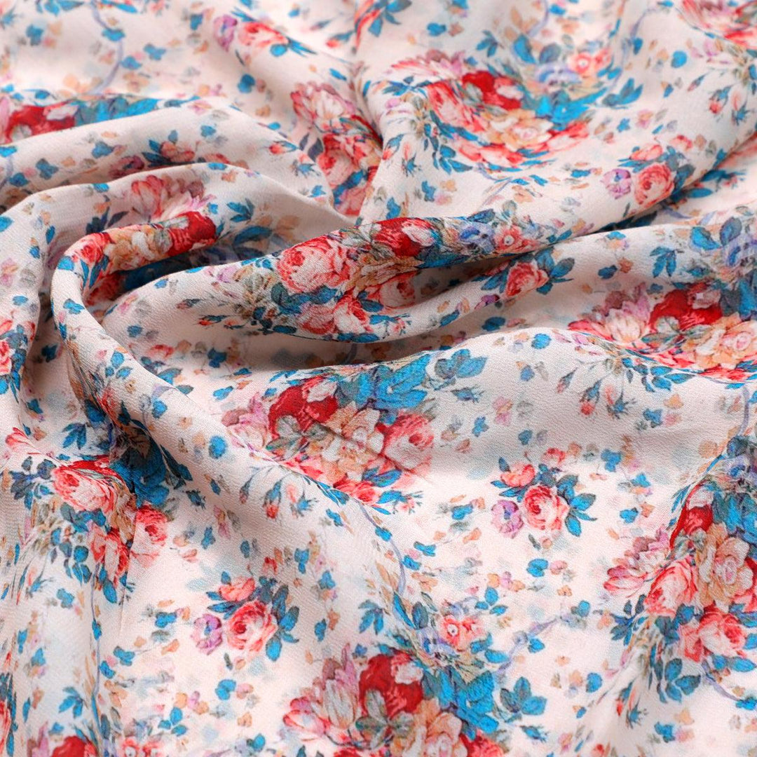 Beautiful Ditsy Flowers On Blue Digital Printed Fabric - Pure Georgette - FAB VOGUE Studio®