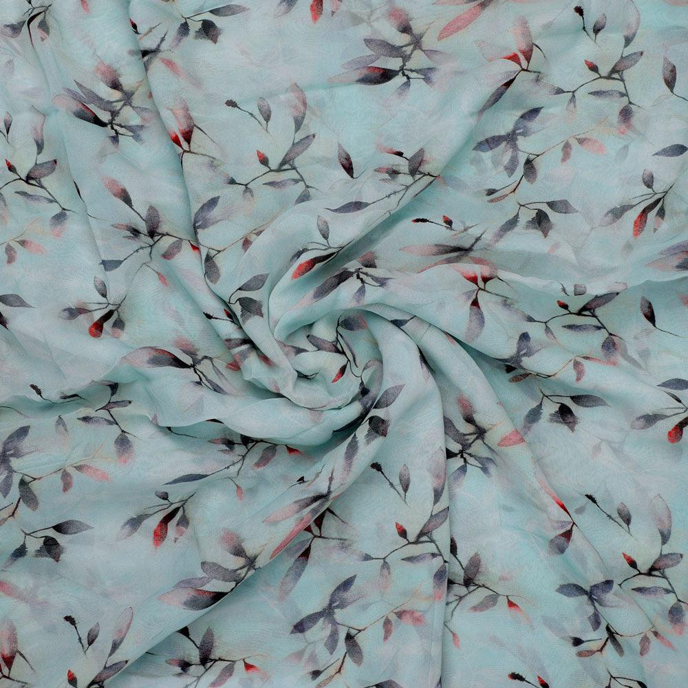 Bluish Thin And Light Leaves Digital Printed Fabric - Pure Georgette - FAB VOGUE Studio®
