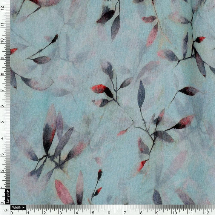Bluish Thin And Light Leaves Digital Printed Fabric - Pure Georgette - FAB VOGUE Studio®