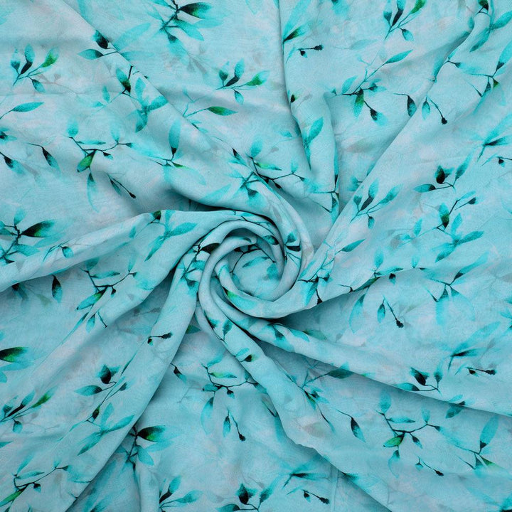 Attractive Sky Blue Leaves Digital Printed Fabric - Pure Georgette - FAB VOGUE Studio®
