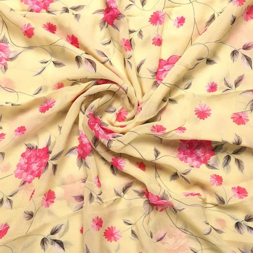 Pink Flower On Lemon Yellow Digital Printed Fabric  - Pure Georgette – pg 0 ta06121 110 pink flower on lemon yellow digital printed fabric pure georgette 1