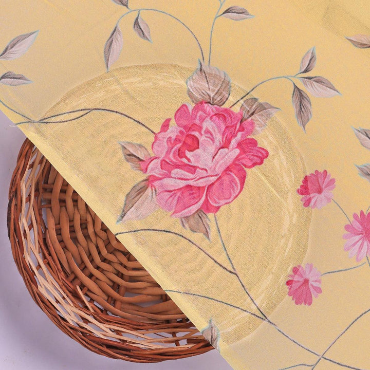 Pink Flower On Lemon Yellow Digital Printed Fabric - Pure Georgette - FAB VOGUE Studio®