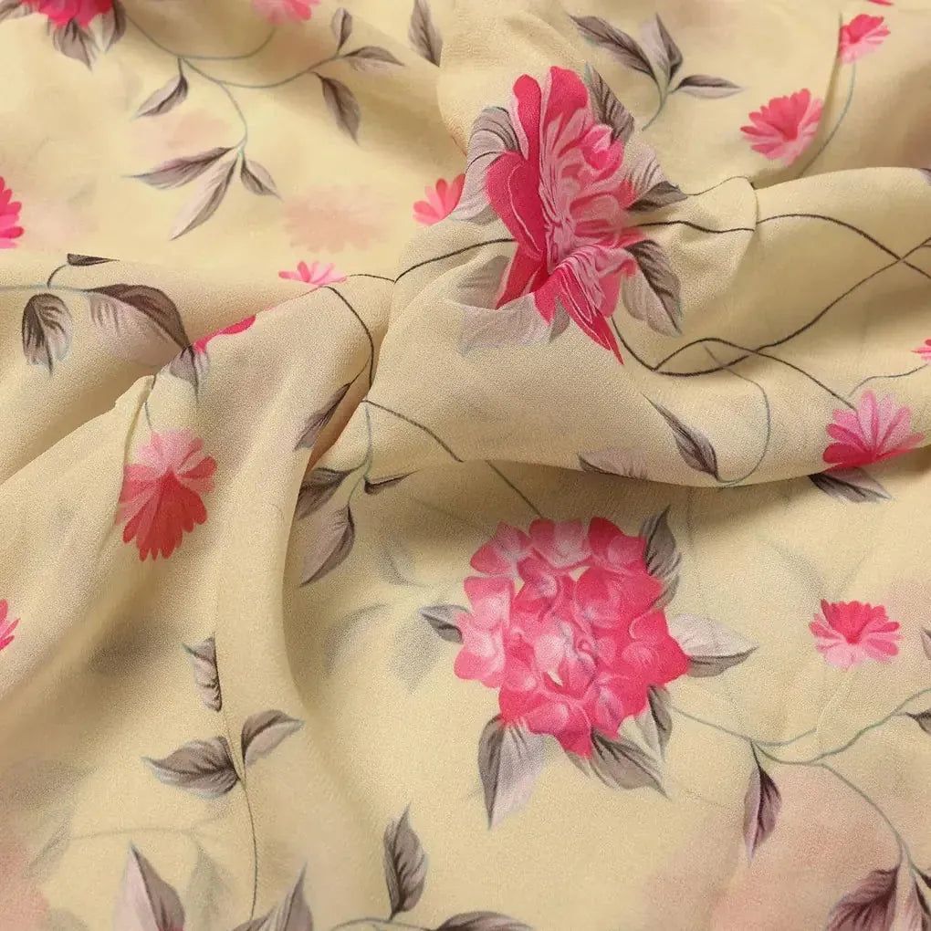 Pink Flower On Lemon Yellow Digital Printed Fabric  - Pure Georgette – pg 0 ta06121 110 pink flower on lemon yellow digital printed fabric pure georgette 3