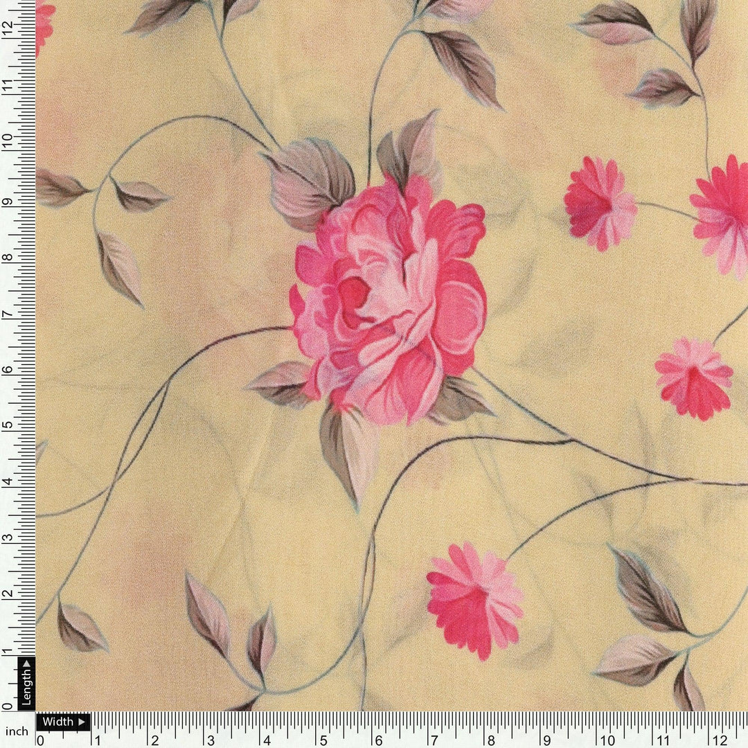 Pink Flower On Lemon Yellow Digital Printed Fabric - Pure Georgette - FAB VOGUE Studio®