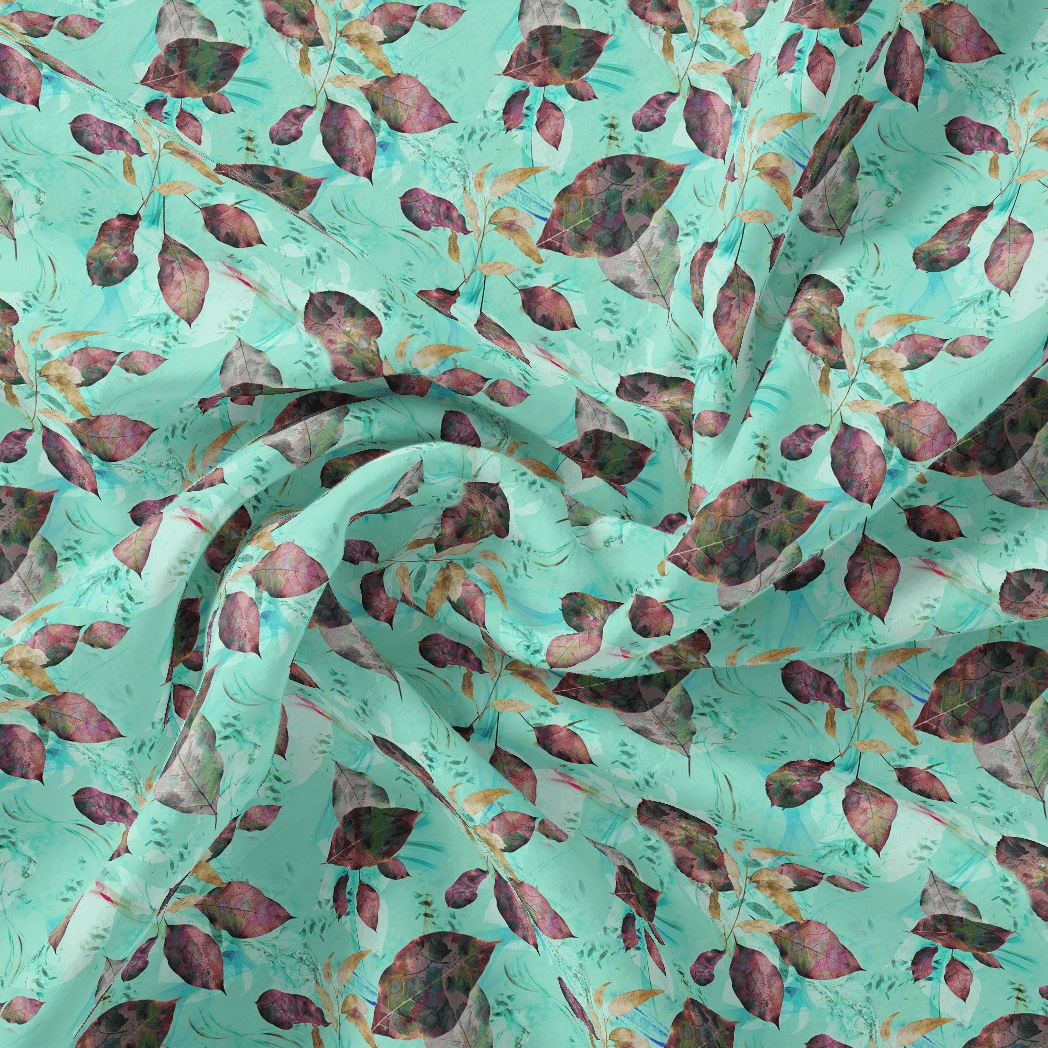 Watercolour Autumnal Leaves With Green Sprinkle Digital Printed Fabric - Pure Georgette - FAB VOGUE Studio®