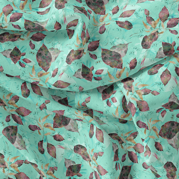 Watercolour Autumnal Leaves With Green Sprinkle Digital Printed Fabric - Pure Georgette - FAB VOGUE Studio®
