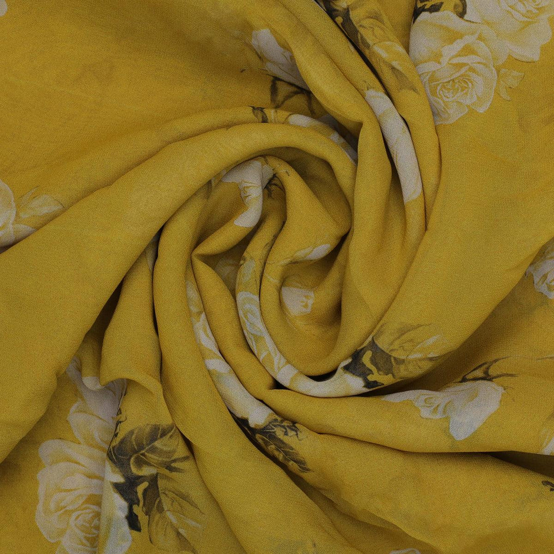 Lemon Yellow Flower Allover Digital Printed Fabric - Pure Georgette - FAB VOGUE Studio®