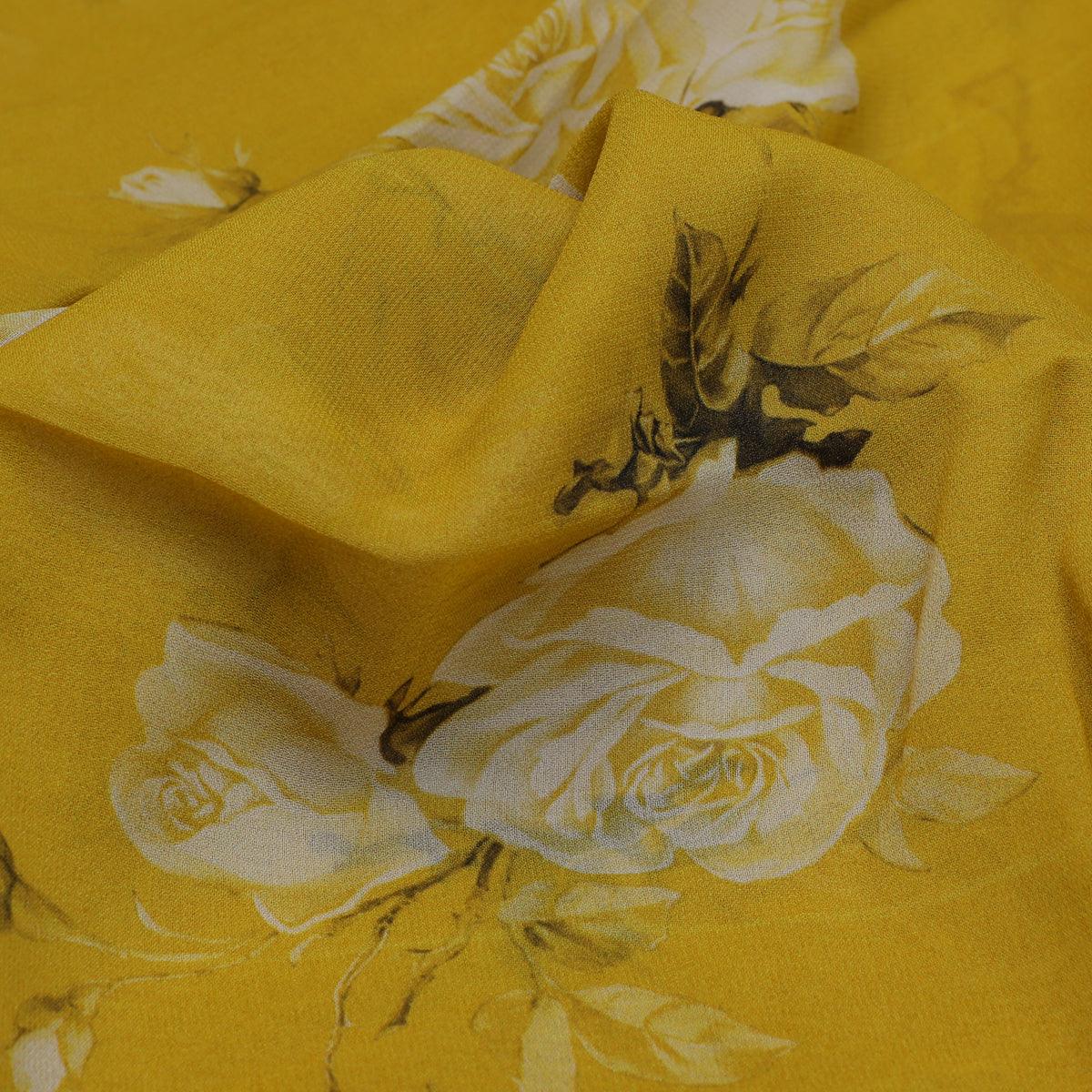 Lemon Yellow Flower Allover Digital Printed Fabric - Pure Georgette - FAB VOGUE Studio®