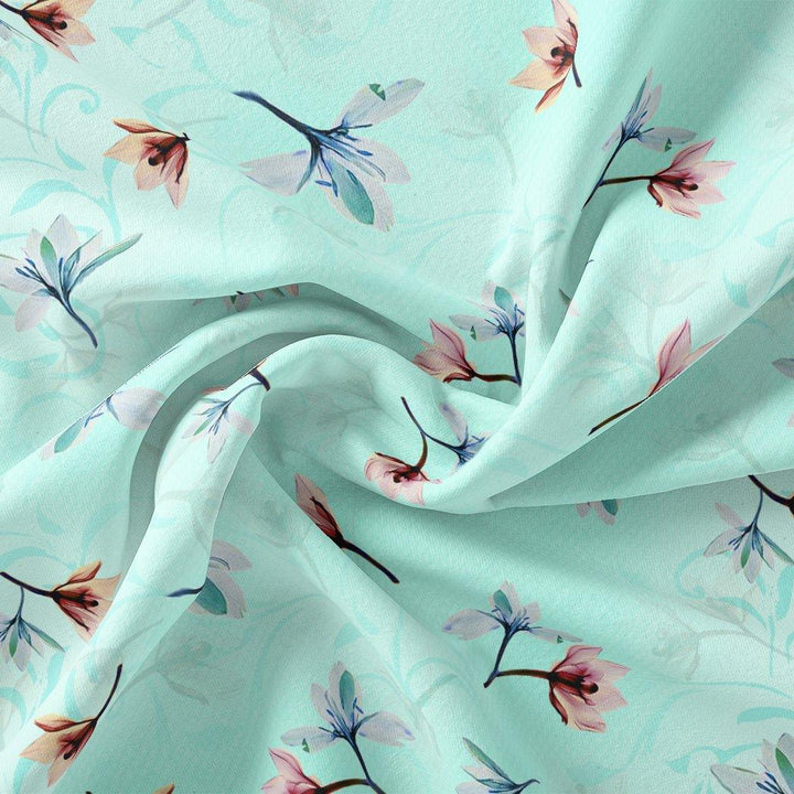 Brown Floating Flower On Rama Green Digital Printed Fabric - Pure Georgette - FAB VOGUE Studio®