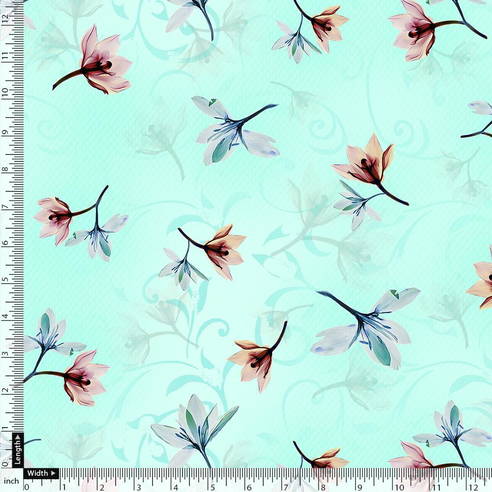 Brown Floating Flower On Rama Green Digital Printed Fabric - Pure Georgette - FAB VOGUE Studio®