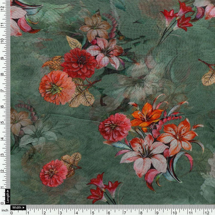 Lovely Chrysanthemum With Multi Flower Printed Fabric - Pure Georgette - FAB VOGUE Studio®