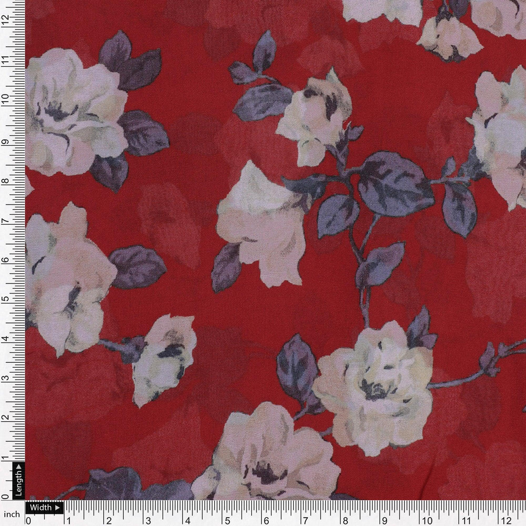 Red And White Flower Digital Printed Fabric - Pure Georgette - FAB VOGUE Studio®