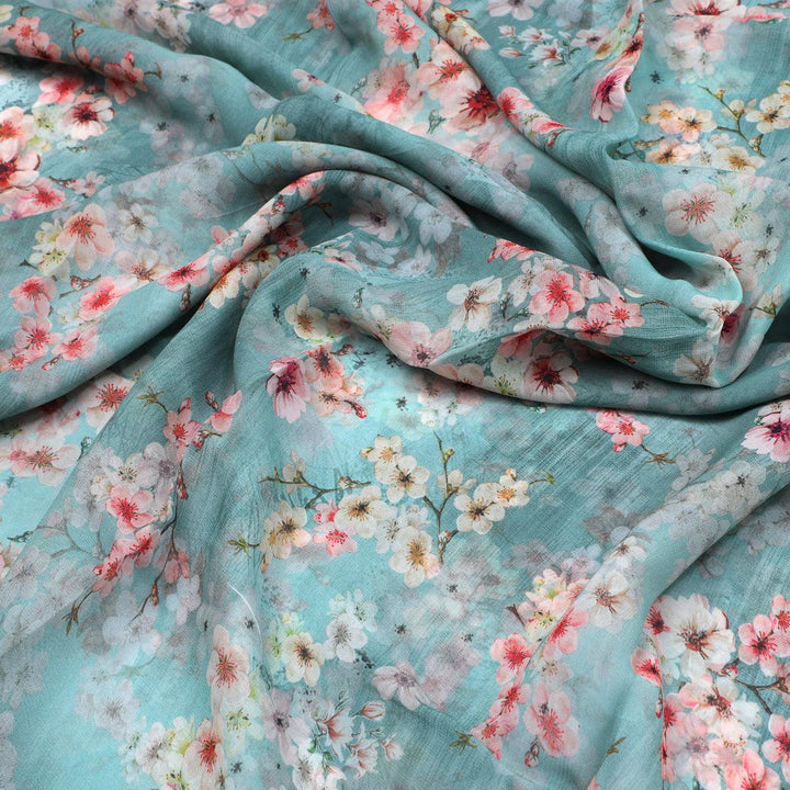 Periwinkle Floral Spring Flower Digital Printed Fabric - Pure Georgette - FAB VOGUE Studio®