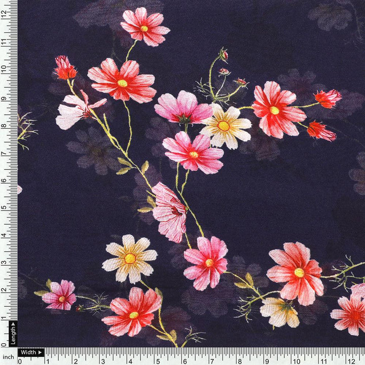 Tiny Colorfull Orchids Floral With Blue Background Digital Printed Fabric - Pure Georgette - FAB VOGUE Studio®