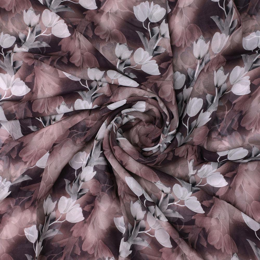 Watercolor Blooming Flower Brown Flower Digital Printed Fabric - Pure Georgette - FAB VOGUE Studio®