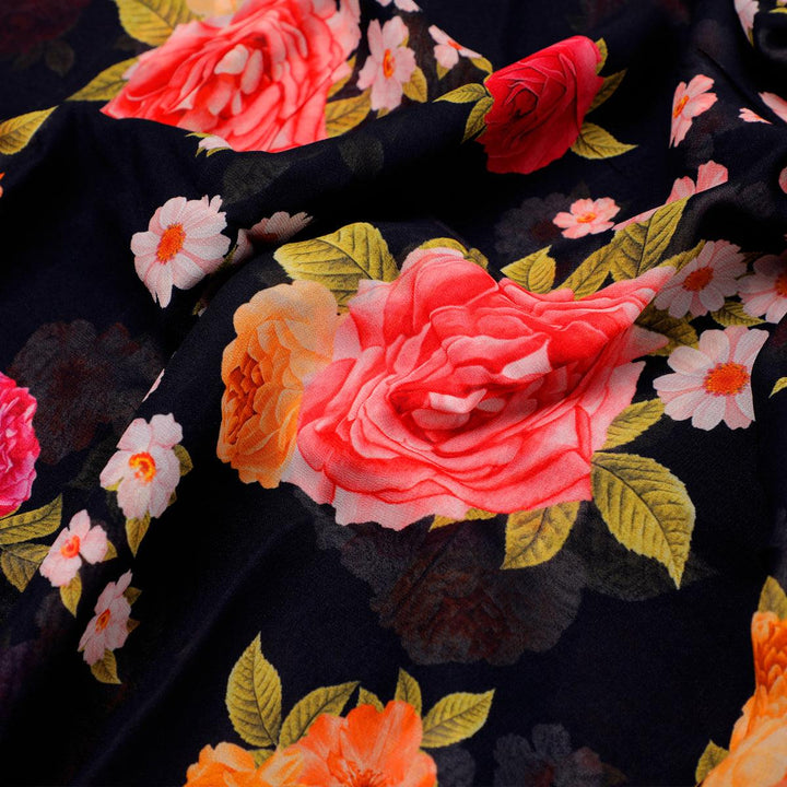 Multicolour Anemone Roses With Digital Printed Fabric - Pure Georgette - FAB VOGUE Studio®