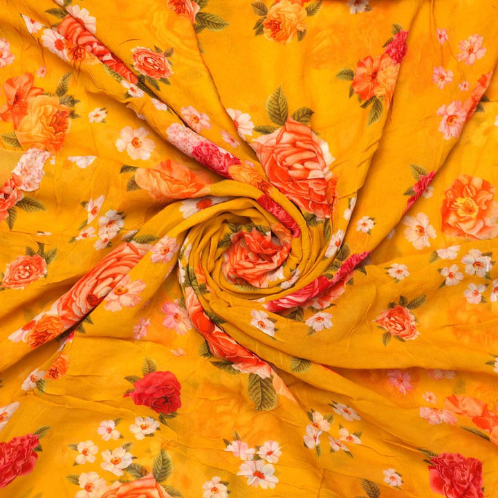 Golden Yellow Floral Pure Georgette Printed Fabric - FAB VOGUE Studio®
