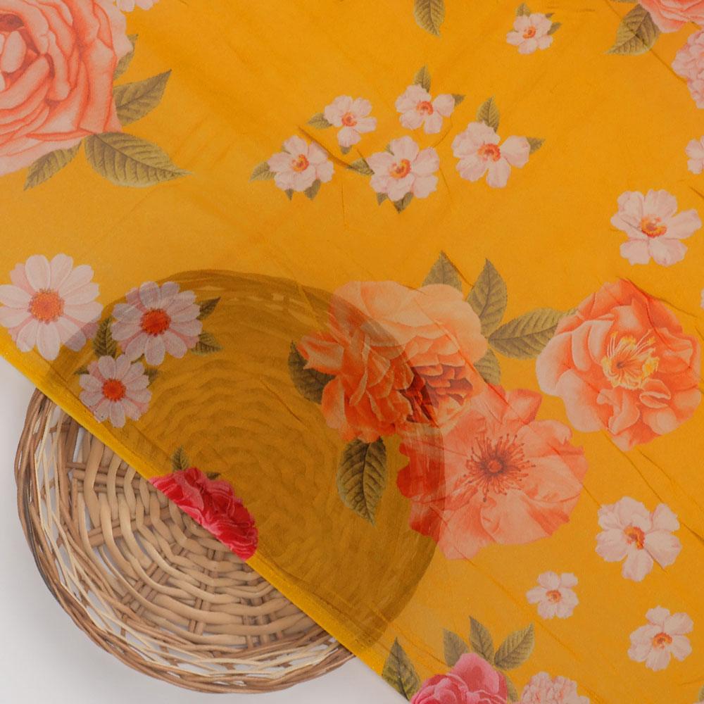 Golden Yellow Floral Pure Georgette Printed Fabric - FAB VOGUE Studio®