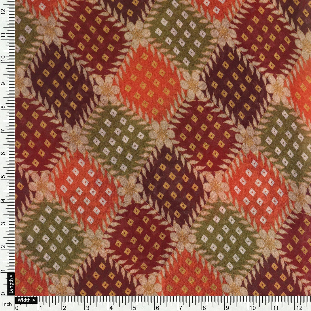 Multicolour With Flower Honeycomb Digital Printed Fabric - Pure Georgette - FAB VOGUE Studio®