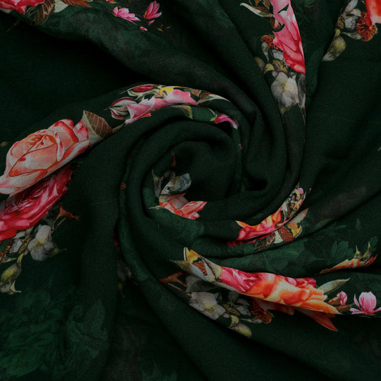 Beautiful Roses With Leaves Digital Printed Fabric - Pure Georgette - FAB VOGUE Studio®