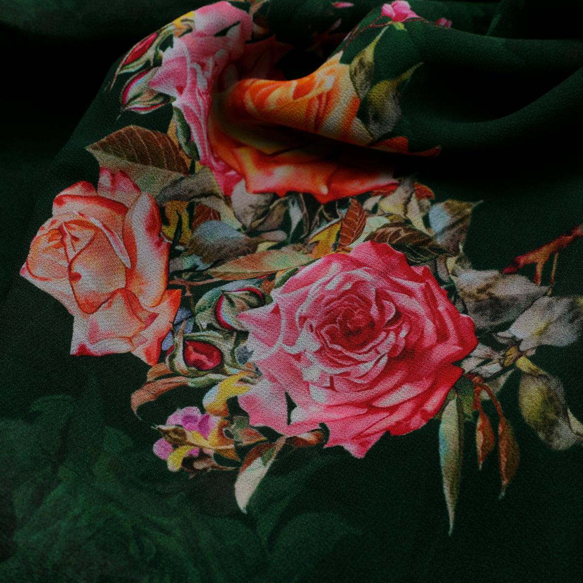 Beautiful Roses With Leaves Digital Printed Fabric - Pure Georgette - FAB VOGUE Studio®
