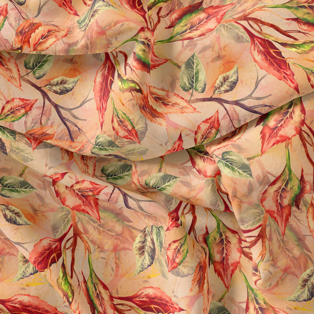 Beautiful Watercolour Gradient Autumnal Leaves Digital Printed Fabric - Pure Georgette - FAB VOGUE Studio®