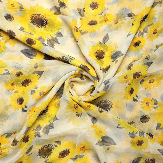 Morden Classic Yellow Sunflower Digital Printed Fabric - Pure Georgette - FAB VOGUE Studio®
