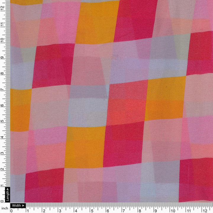 Buffalo Checks Pink And Yellow Digital Printed Fabric - Pure Georgette - FAB VOGUE Studio®