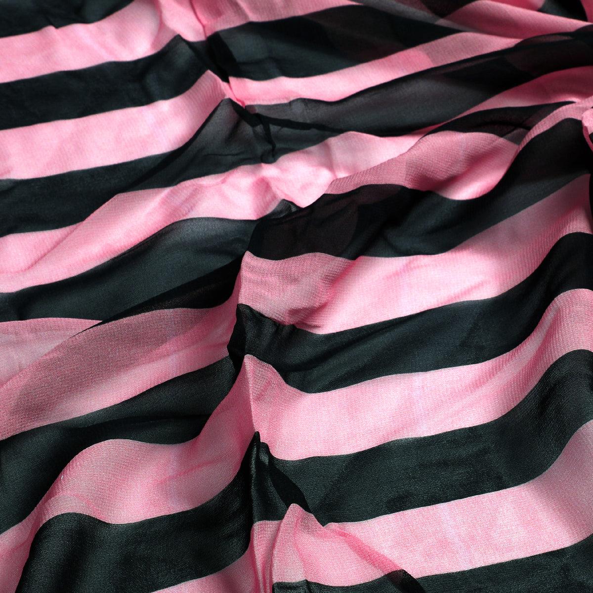 Bayadere Stripes Black With Pink Digital Printed Fabric - Pure Georgette - FAB VOGUE Studio®