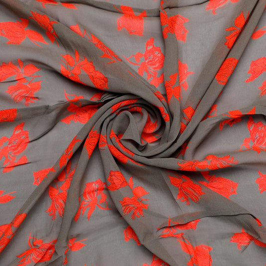 Tulips Roses With Orange Colour Digital Printed Fabric - Pure Georgette - FAB VOGUE Studio®