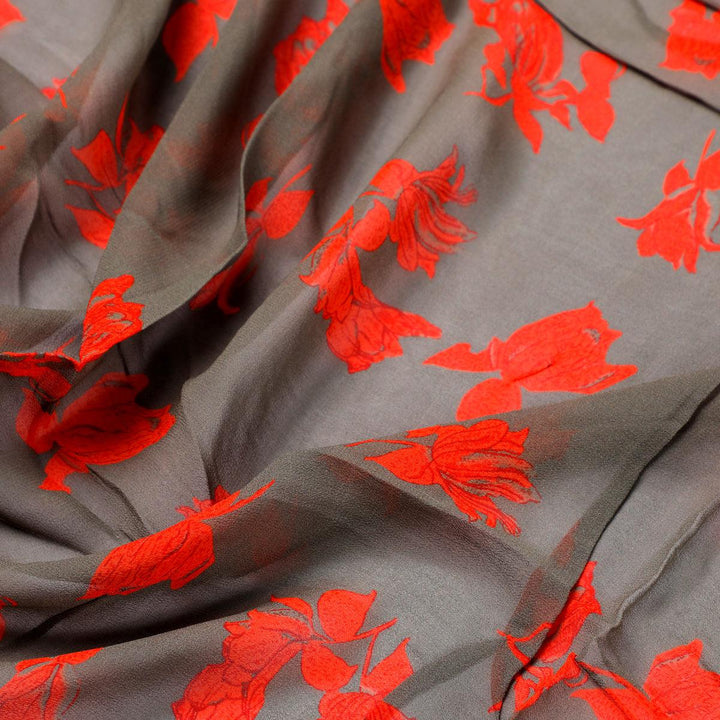 Tulips Roses With Orange Colour Digital Printed Fabric - Pure Georgette - FAB VOGUE Studio®