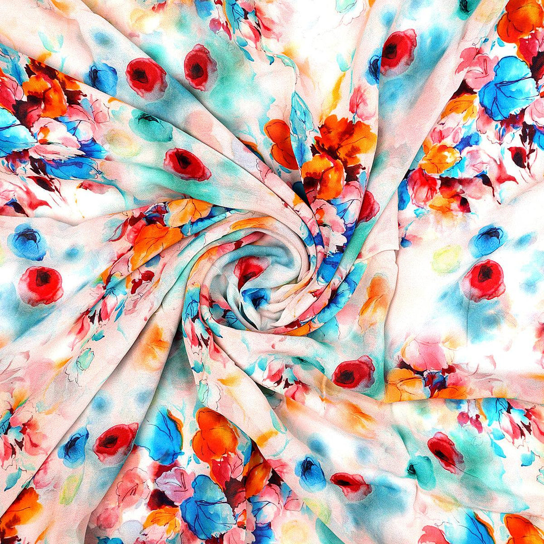 Rainbow Colourful Tulip Roses Digital Printed Fabric - Pure Georgette - FAB VOGUE Studio®