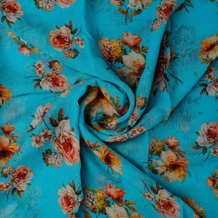 Lovely Periwinkle Flower With Blue Turquoise Digital Printed Fabric - Pure Georgette - FAB VOGUE Studio®