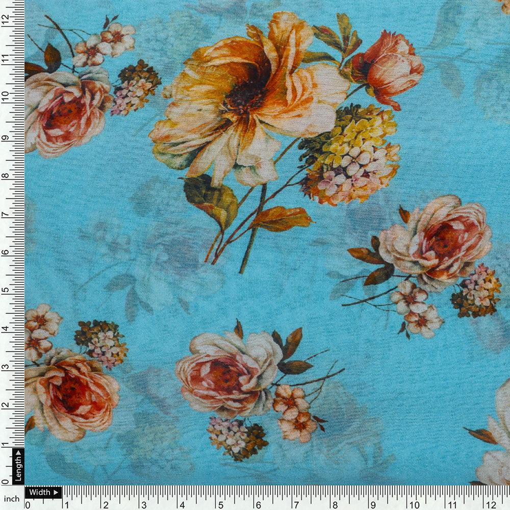 Lovely Periwinkle Flower With Blue Turquoise Digital Printed Fabric - Pure Georgette - FAB VOGUE Studio®