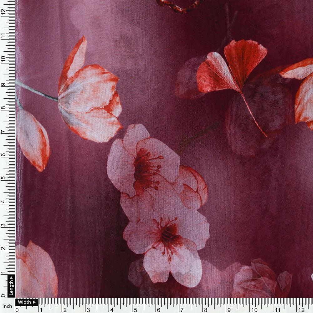 Shiny Red Tulip With Cherry Blossom Flower Digital Printed Fabric - Pure Georgette - FAB VOGUE Studio®