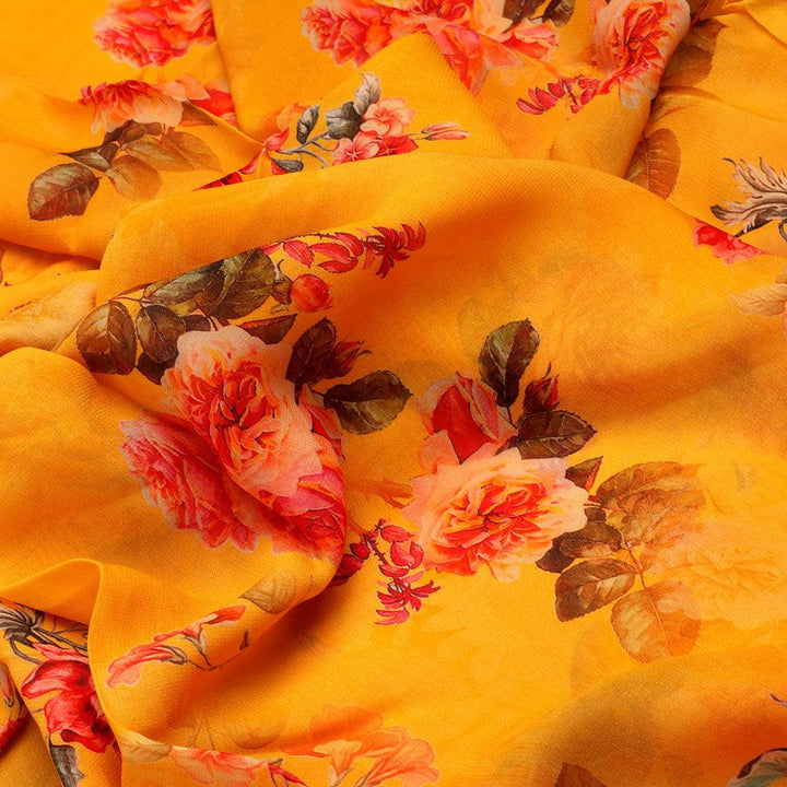 Golden Yellow Flower Printed Pure Georgette Fabric Material - FAB VOGUE Studio®