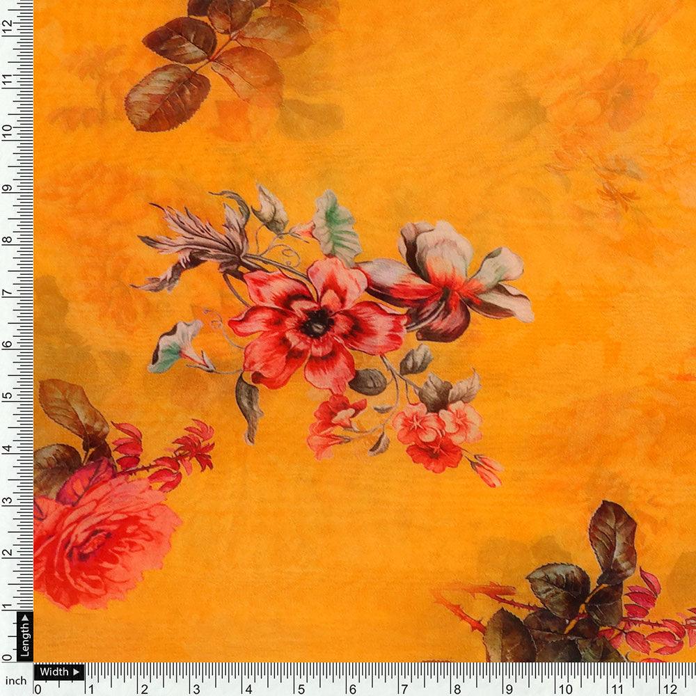 Golden Yellow Flower Printed Pure Georgette Fabric Material - FAB VOGUE Studio®