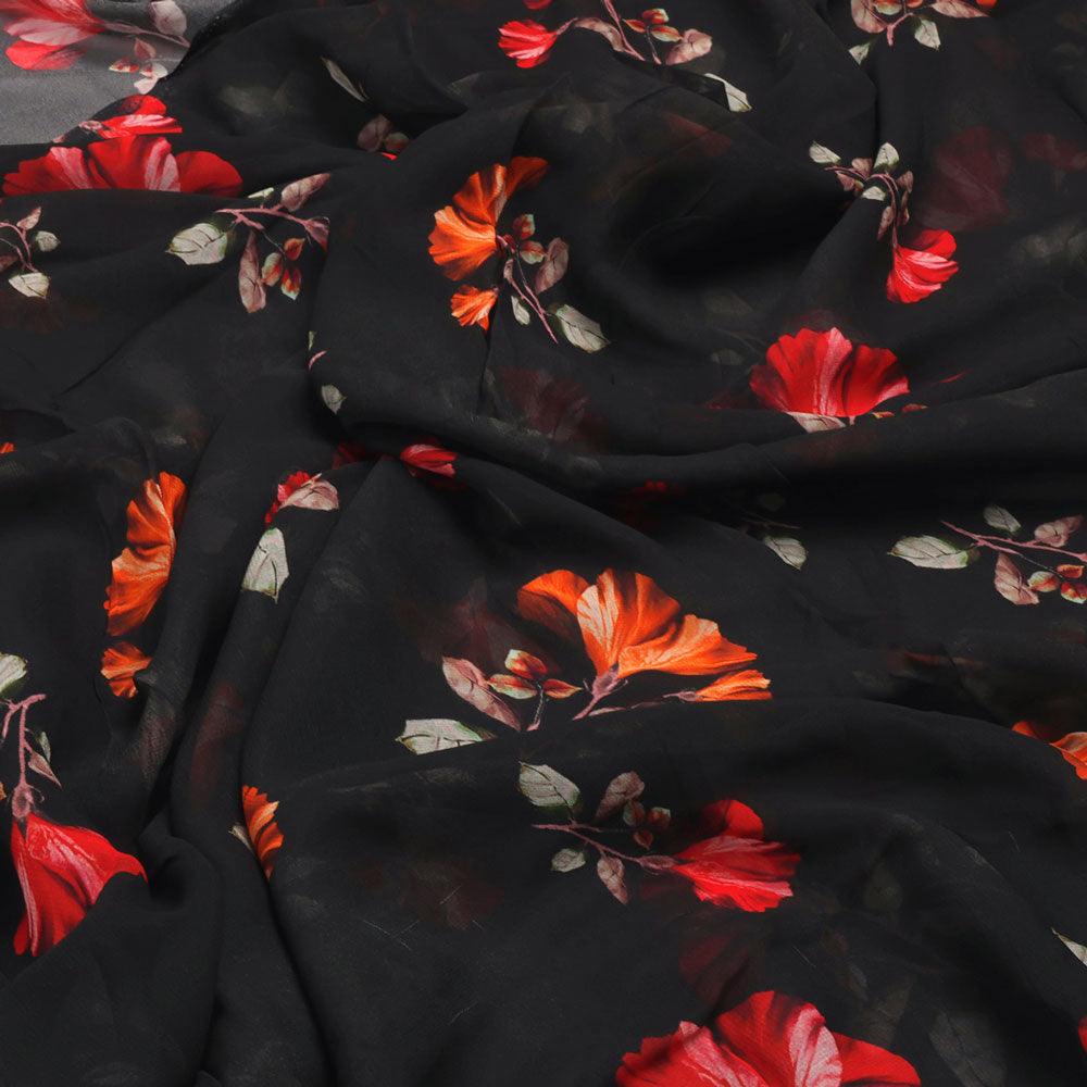 Morden Red Iris With Golden Floral Digital Printed Fabric - Pure Georgette - FAB VOGUE Studio®